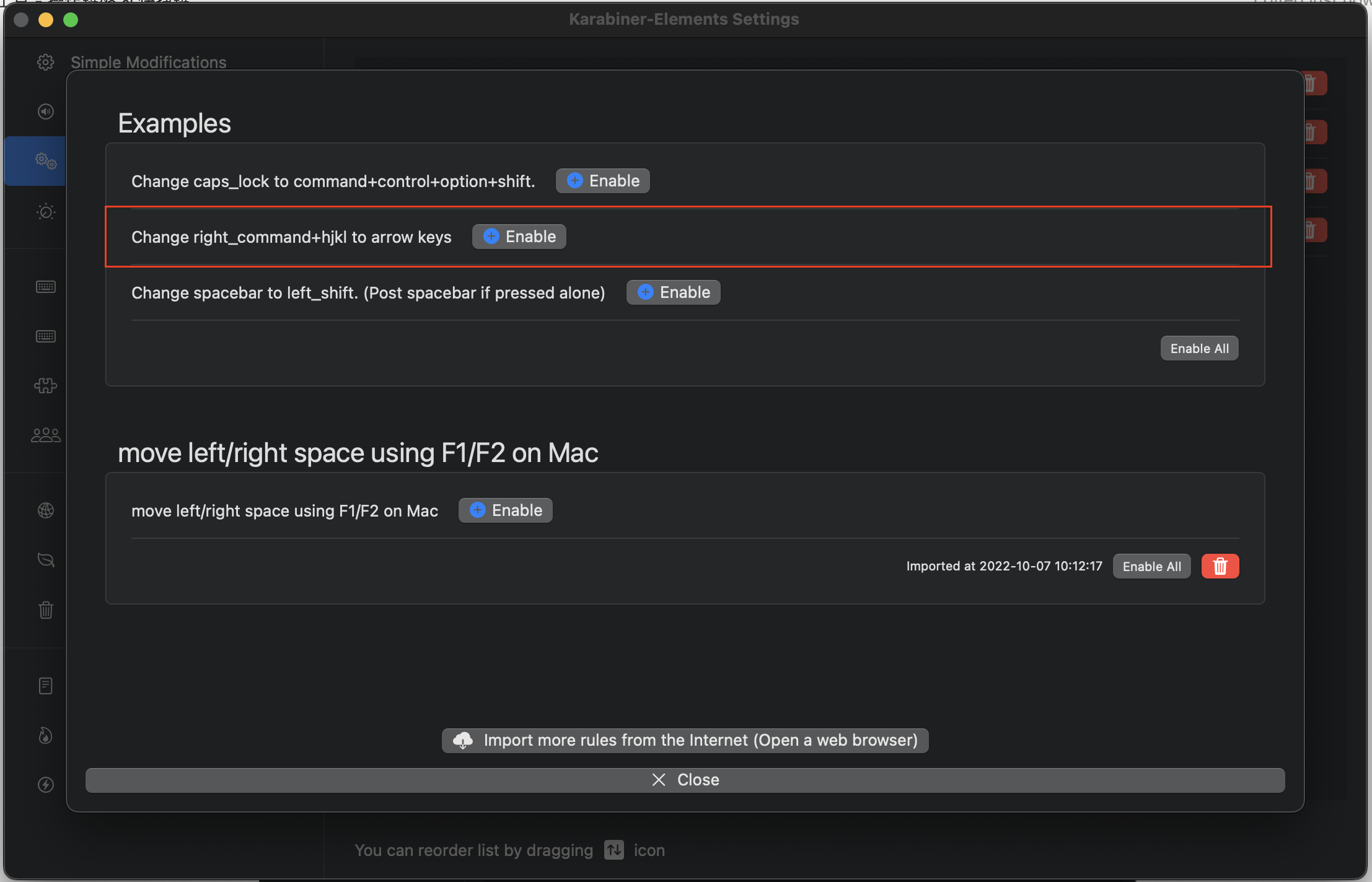 找到 Change right_command+ hikl to arrow keys 項目